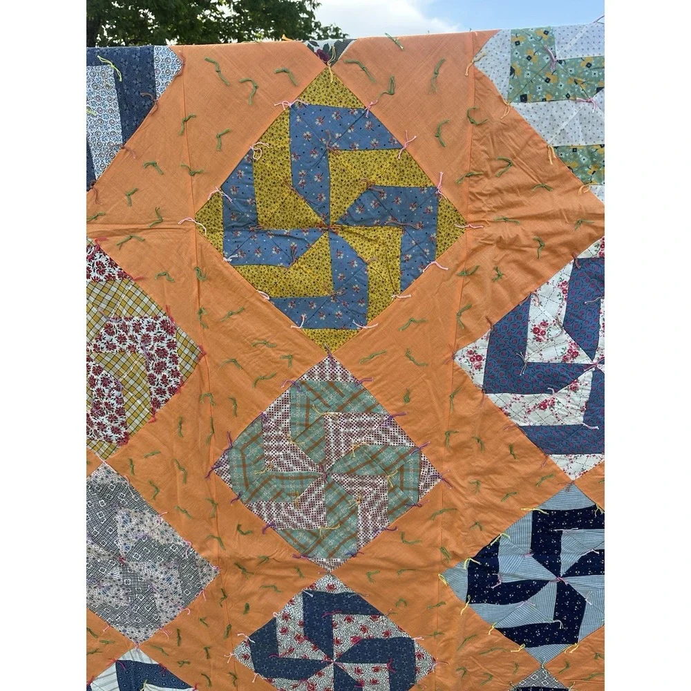 Vintage Hand Stitched Pinwheel Quilt, Approximately 68